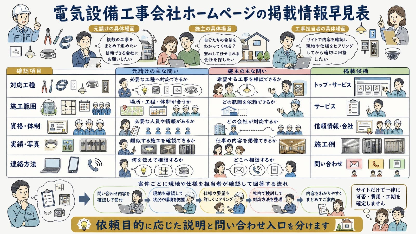 電気設備工事会社ホームページの掲載情報早見表