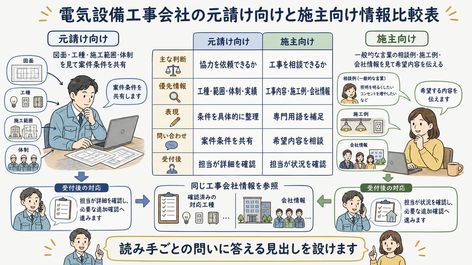 電気設備工事会社の元請け向けと施主向け情報比較表