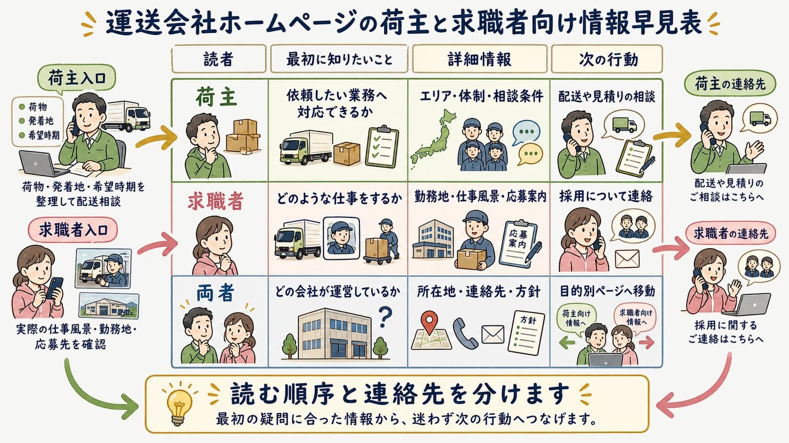運送会社ホームページの荷主と求職者向け情報早見表