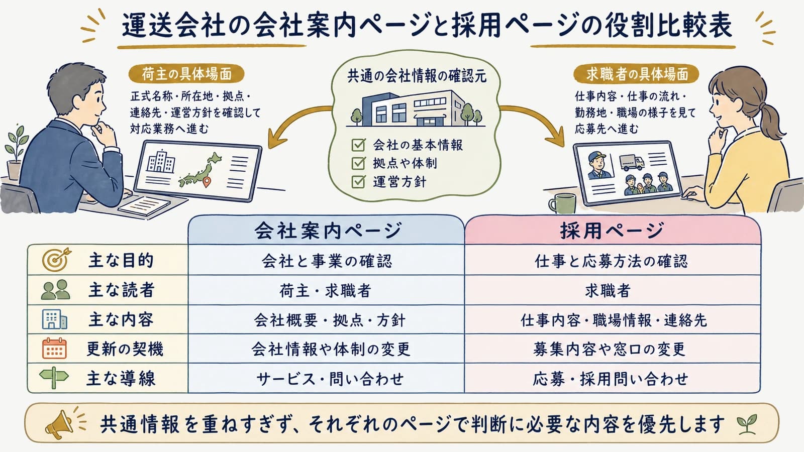 運送会社の会社案内ページと採用ページの役割比較表